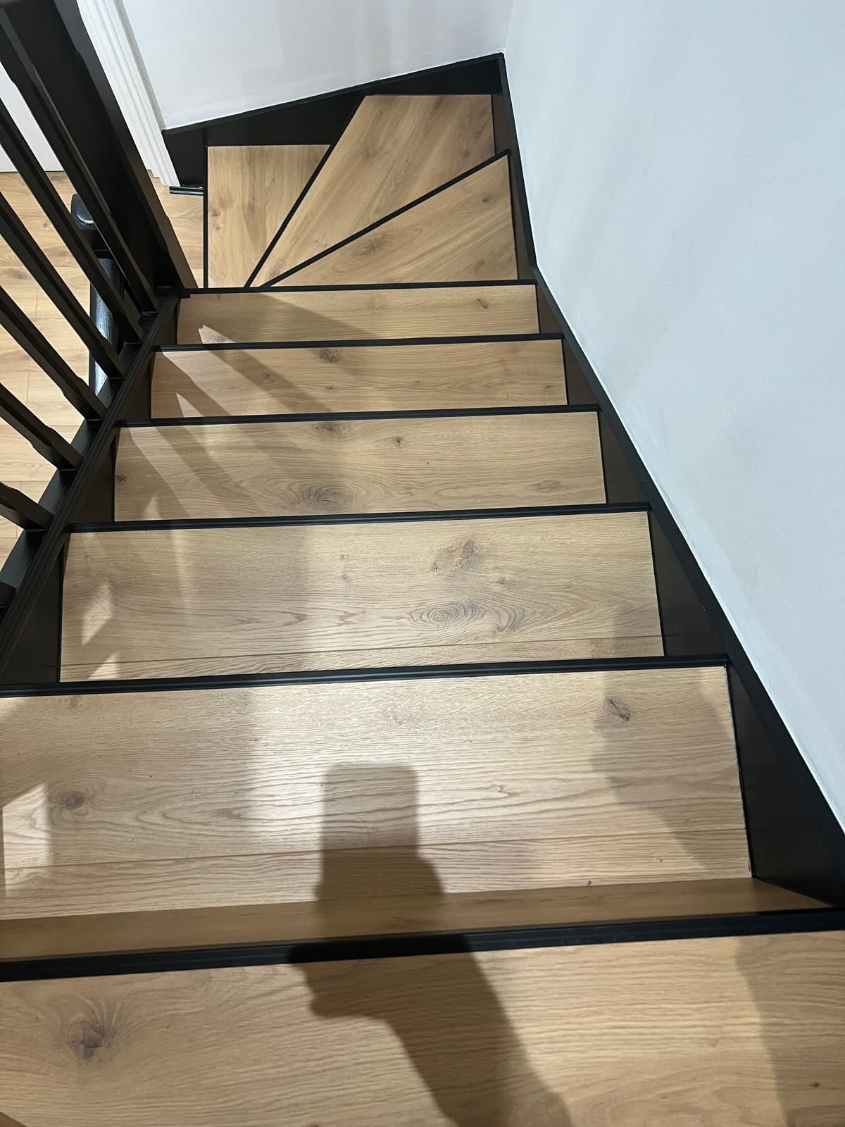 Close-up of light oak engineered staircase treads